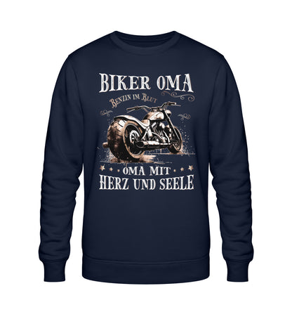 Ein Sweatshirt für Motorradfahrerinnen von Wingbikers mit dem Aufdruck, Biker Oma - Benzin im Blut - Oma mit Herz und Seele, in navy blau.