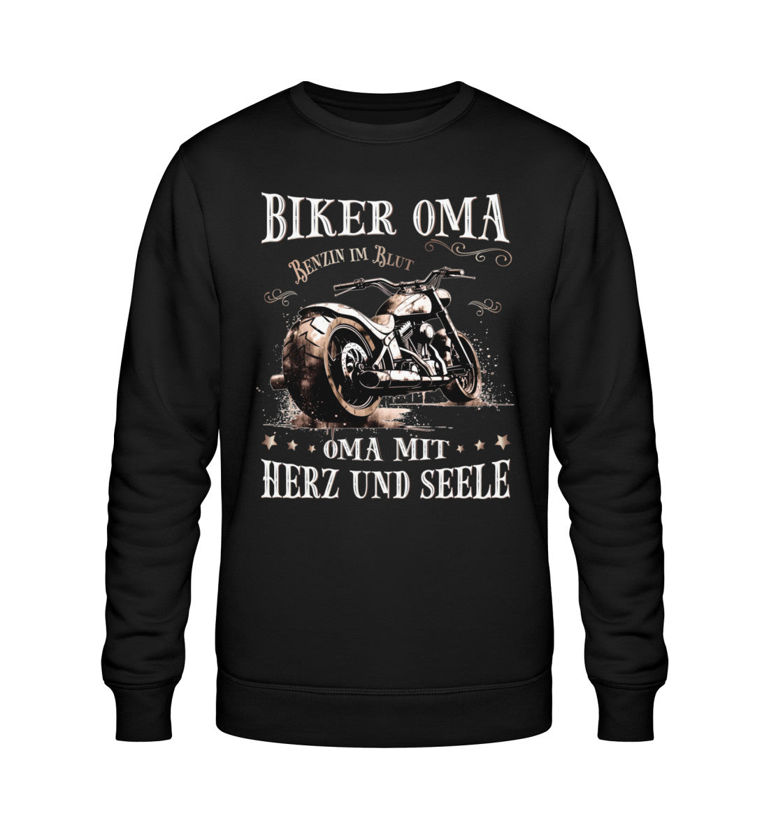 Ein Sweatshirt für Motorradfahrerinnen von Wingbikers mit dem Aufdruck, Biker Oma - Benzin im Blut - Oma mit Herz und Seele, in schwarz.