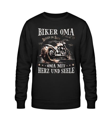 Ein Sweatshirt für Motorradfahrerinnen von Wingbikers mit dem Aufdruck, Biker Oma - Benzin im Blut - Oma mit Herz und Seele, in schwarz.