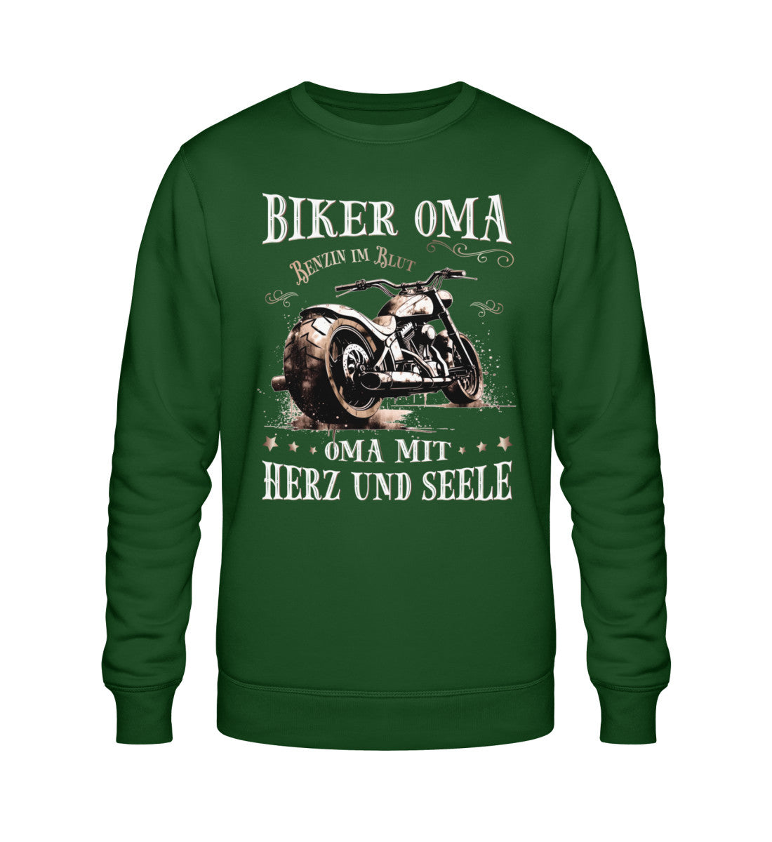 Ein Sweatshirt für Motorradfahrerinnen von Wingbikers mit dem Aufdruck, Biker Oma - Benzin im Blut - Oma mit Herz und Seele, in dunkelgrün.