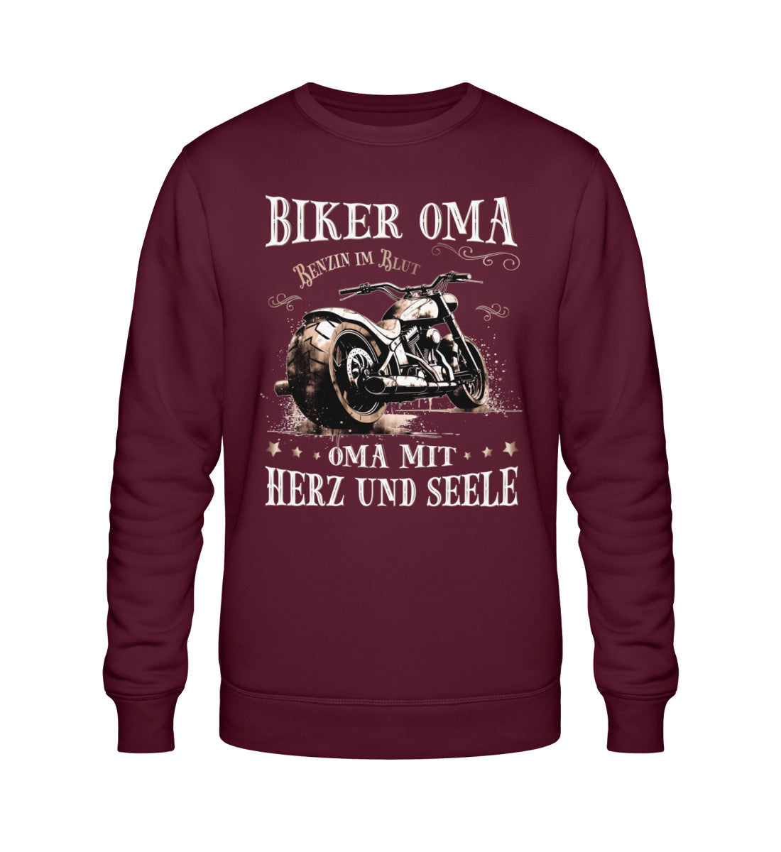 Ein Sweatshirt für Motorradfahrerinnen von Wingbikers mit dem Aufdruck, Biker Oma - Benzin im Blut - Oma mit Herz und Seele, in burgunder weinrot.