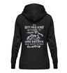 Ein Damen Hoodie für Motorradfahrerinnen von Wingbikers mit dem Aufdruck, Als Gott mich schuf grinste er und dachte, das wird sicher lustig - mit Back Print, in schwarz.