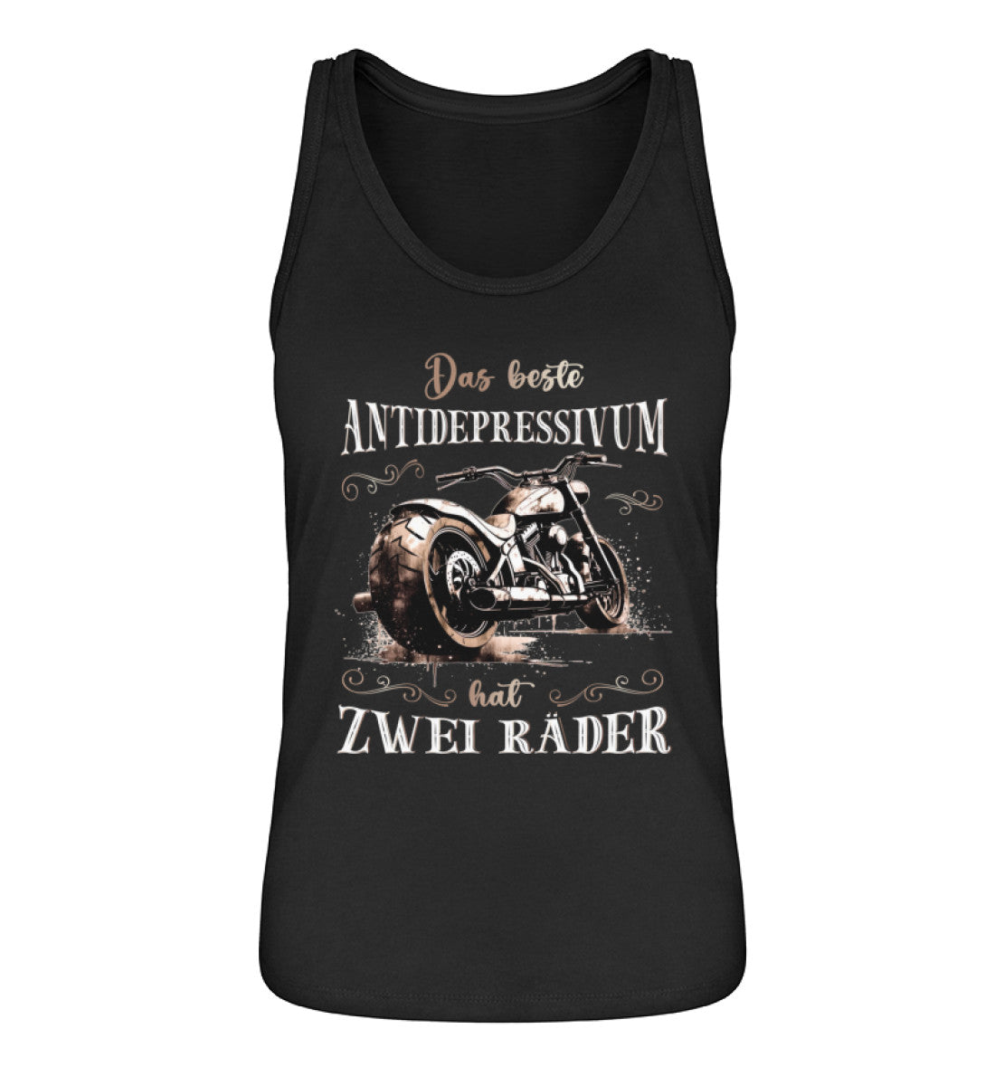 Ein Tanktop für Motorradfahrerinnen von Wingbikers mit dem Aufdruck, Das beste Antidepressivum hat zwei Räder, in schwarz.