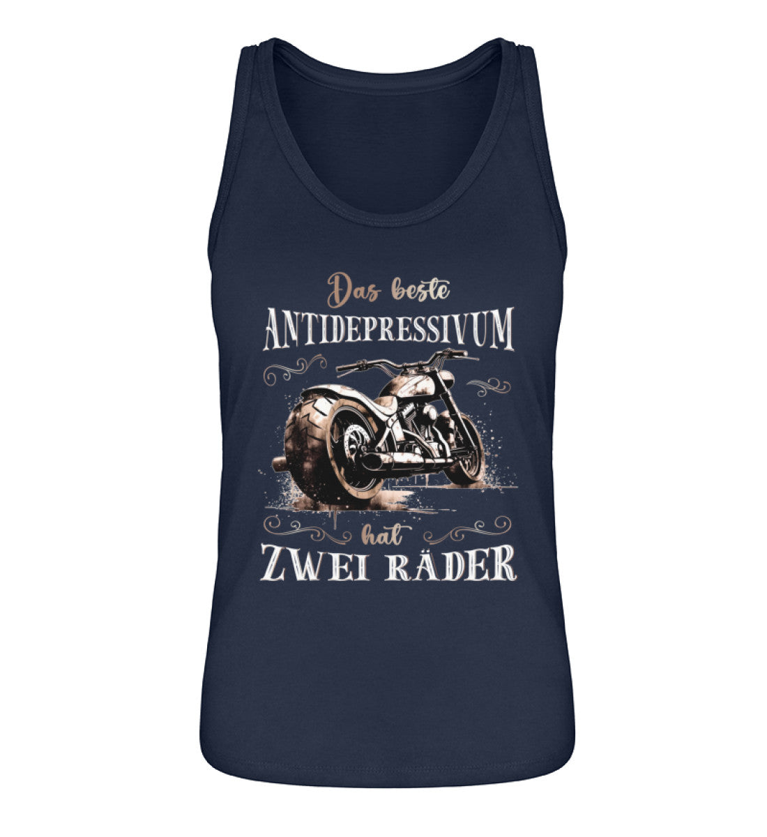 Ein Tanktop für Motorradfahrerinnen von Wingbikers mit dem Aufdruck, Das beste Antidepressivum hat zwei Räder, in navy blau.