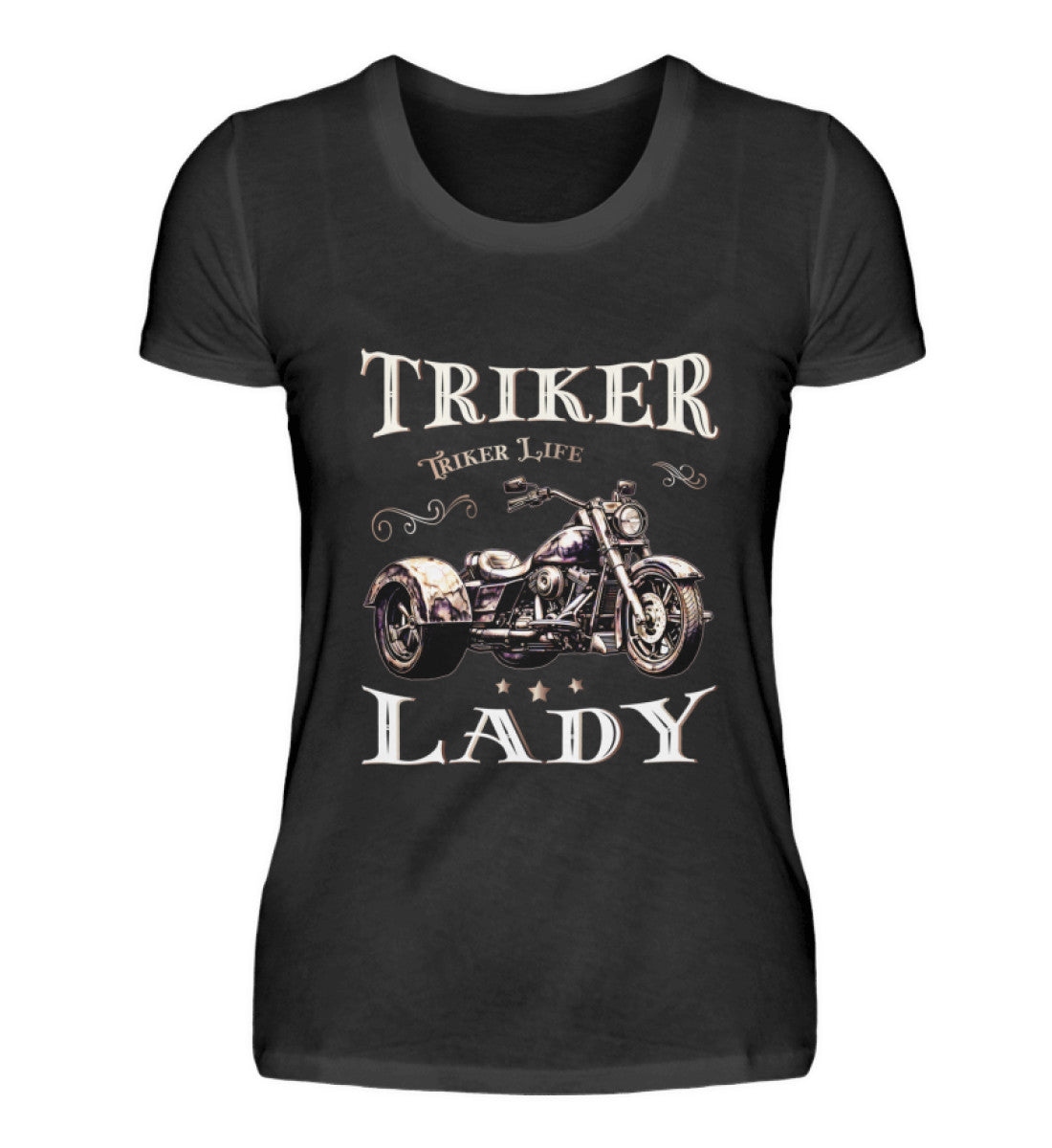 Ein T-Shirt für Trike Fahrerinnen von Wingbikers mit dem Aufdruck, Triker Lady - Triker Life, im vintage Stil, in schwarz.