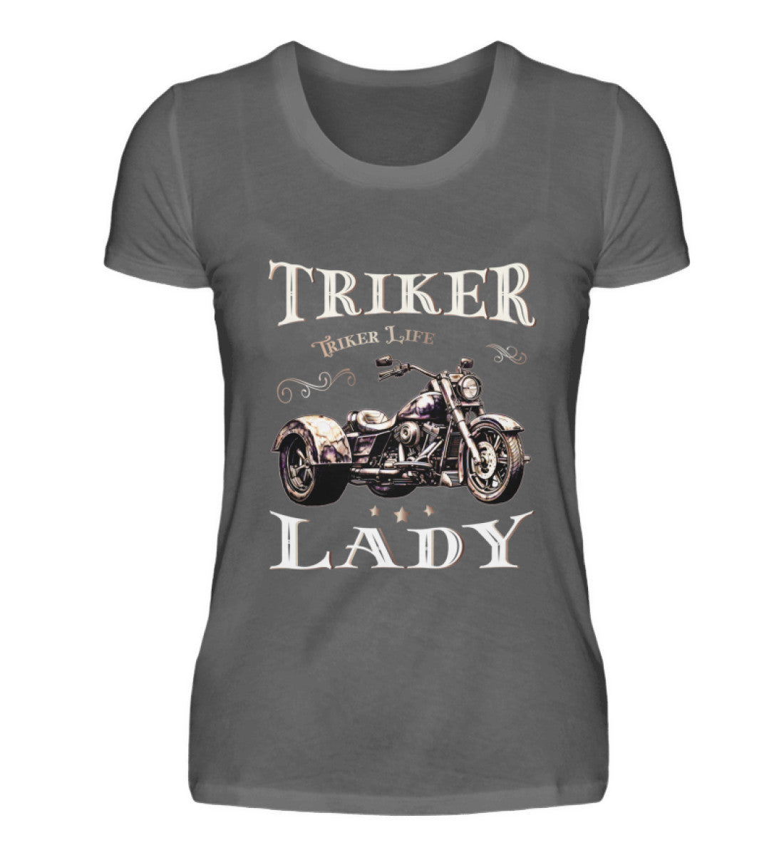 Ein T-Shirt für Trike Fahrerinnen von Wingbikers mit dem Aufdruck, Triker Lady - Triker Life, im vintage Stil, in dunkelgrau.
