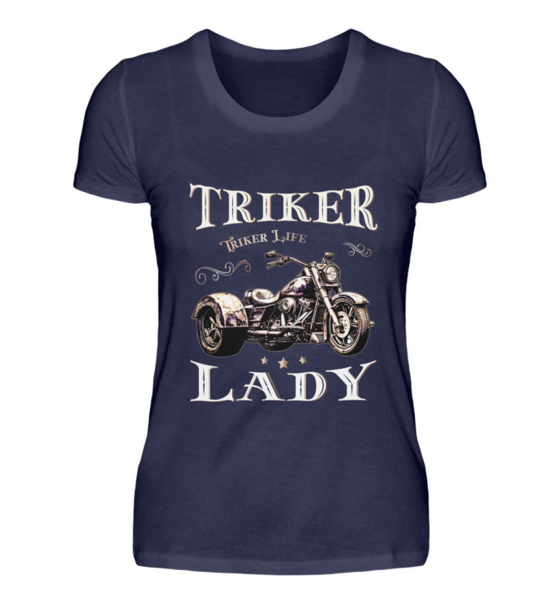 Ein T-Shirt für Trike Fahrerinnen von Wingbikers mit dem Aufdruck, Triker Lady - Triker Life, im vintage Stil, in navy blau.