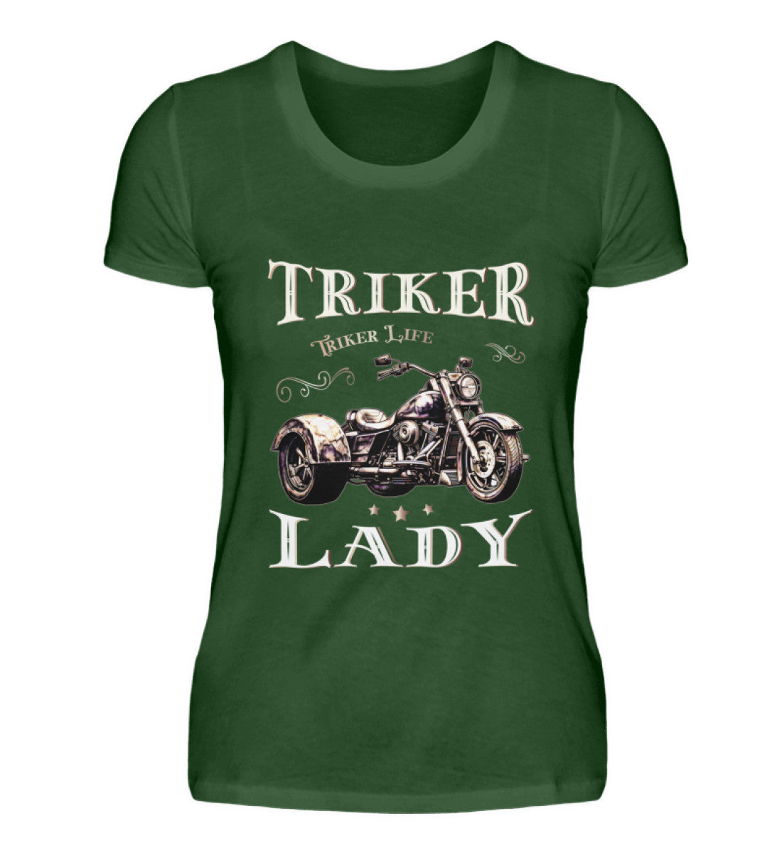 Ein T-Shirt für Trike Fahrerinnen von Wingbikers mit dem Aufdruck, Triker Lady - Triker Life, im vintage Stil, in dunkelgrün.