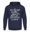 Ein Biker Hoodie für Motorradfahrer von Wingbikers mit dem Aufdruck, Als Gott mich schuf grinste er und dachte, das wird sicher lustig! - in navy blau. 