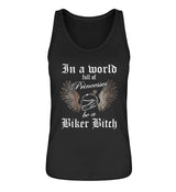 Ein Bikerin Tanktop für Motorradfahrerinnen von Wingbikers mit dem Aufdruck, In a world full of Princesses, be a Biker Bitch - in schwarz.