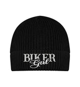 Eine Bikerin Beanie Mütze für Motorradfahrerinnen von Wingbikers mit dem Stick, Biker Girl, in schwarz.