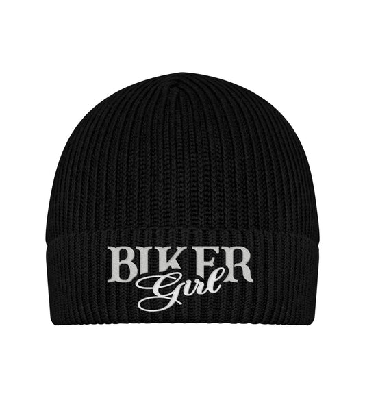 Eine Bikerin Beanie Mütze für Motorradfahrerinnen von Wingbikers mit dem Stick, Biker Girl, in schwarz.