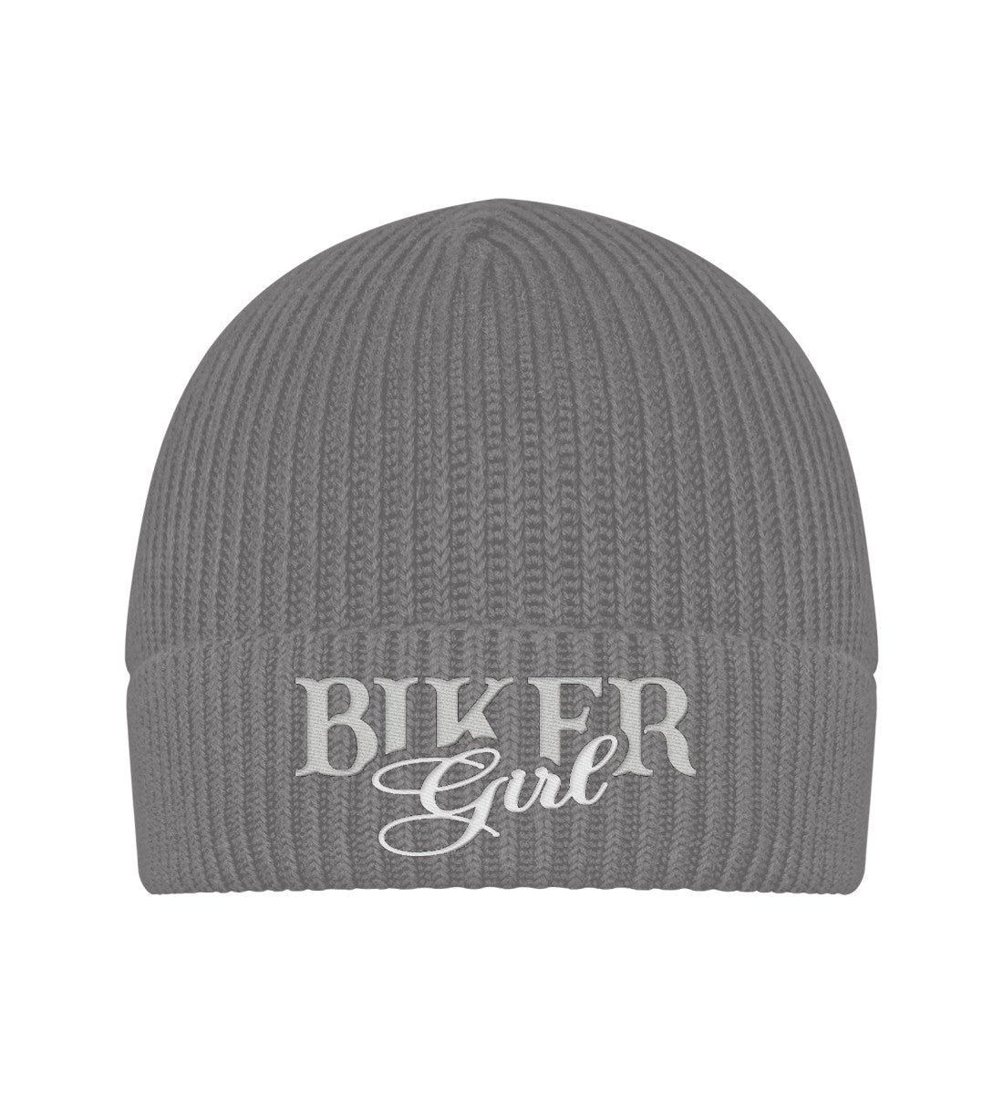 Eine Bikerin Beanie Mütze für Motorradfahrerinnen von Wingbikers mit dem Stick, Biker Girl, in grau.