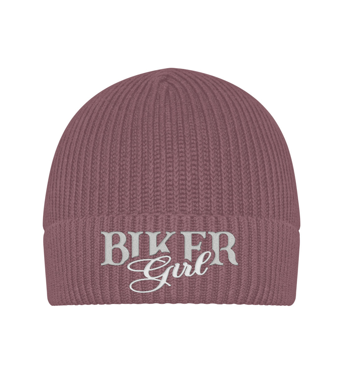 Eine Bikerin Beanie Mütze für Motorradfahrerinnen von Wingbikers mit dem Stick, Biker Girl, in alt rosa.