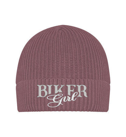 Eine Bikerin Beanie Mütze für Motorradfahrerinnen von Wingbikers mit dem Stick, Biker Girl, in alt rosa.