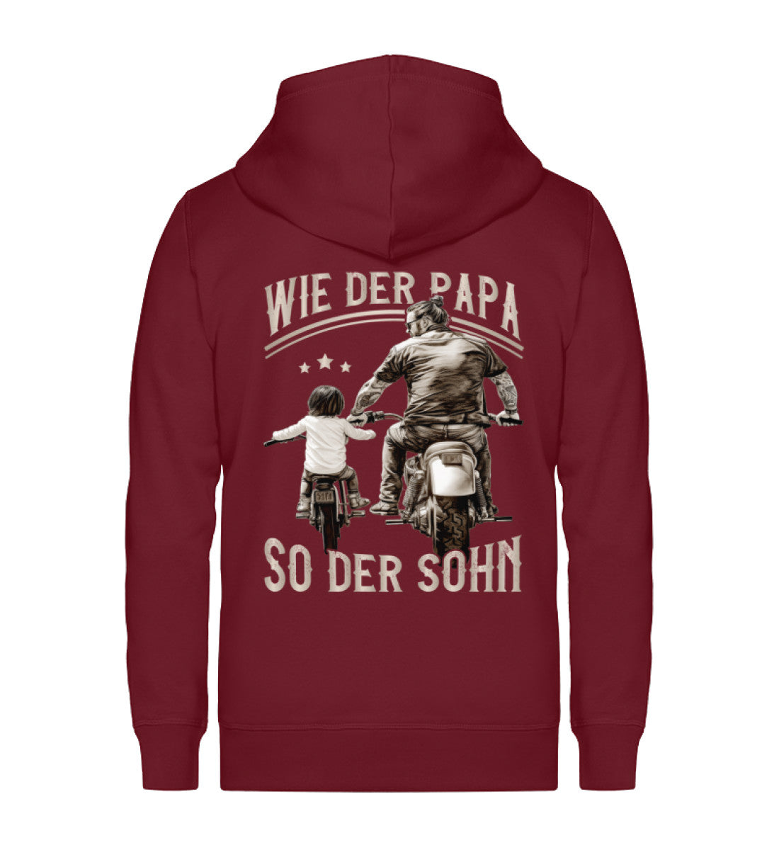 Eine Reißverschluss-Jacke für Motorradfahrende Väter von Wingbikers mit dem Aufdruck, Wie der Papa, so der Sohn, in burgunder weinrot.