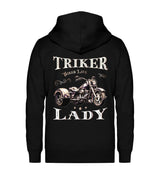 Eine Reißverschluss-Jacke für Trike Fahrerinnen von Wingbikers mit dem Aufdruck, Triker Lady - Triker Life im vintage Stil, in schwarz.