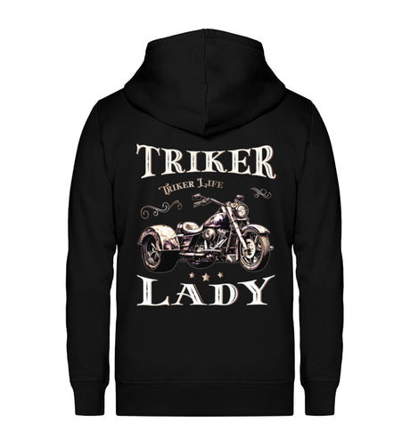 Eine Reißverschluss-Jacke für Trike Fahrerinnen von Wingbikers mit dem Aufdruck, Triker Lady - Triker Life im vintage Stil, in schwarz.