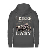 Eine Reißverschluss-Jacke für Trike Fahrerinnen von Wingbikers mit dem Aufdruck, Triker Lady - Triker Life im vintage Stil, in dunkelgrau.