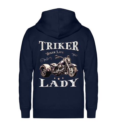 Eine Reißverschluss-Jacke für Trike Fahrerinnen von Wingbikers mit dem Aufdruck, Triker Lady - Triker Life im vintage Stil, in navy blau.