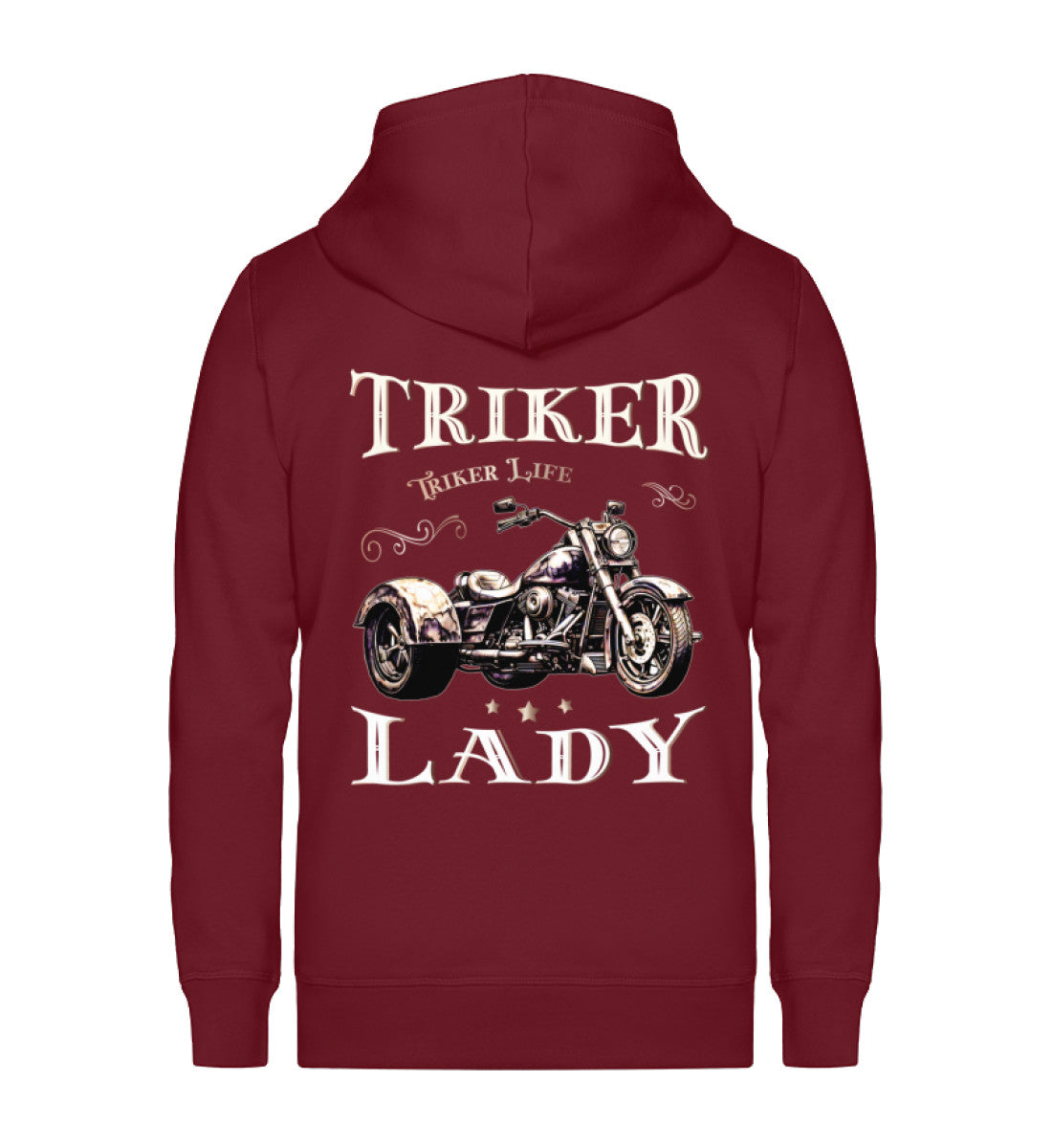 Eine Reißverschluss-Jacke für Trike Fahrerinnen von Wingbikers mit dem Aufdruck, Triker Lady - Triker Life im vintage Stil, in burgunder weinrot.