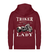 Eine Reißverschluss-Jacke für Trike Fahrerinnen von Wingbikers mit dem Aufdruck, Triker Lady - Triker Life im vintage Stil, in burgunder weinrot.