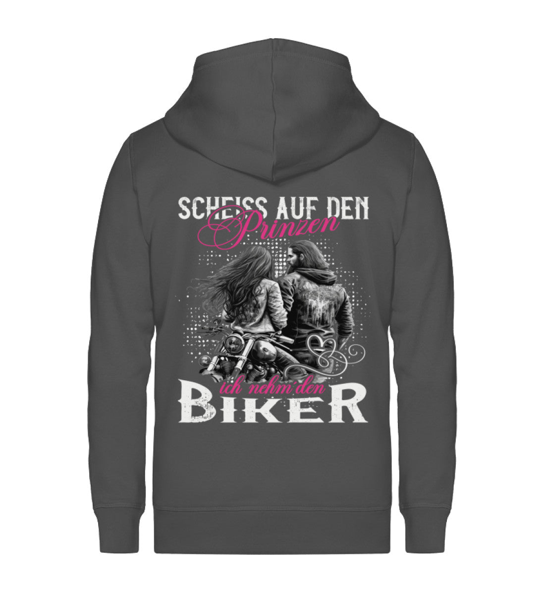 Eine Reißverschluss-Jacke für Motorradfahrerinnen von Wingbikers mit dem Aufdruck, Scheiß auf den Prinzen, ich nehm' den Biker, in dunkelgrau.