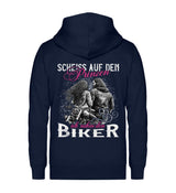 Eine Reißverschluss-Jacke für Motorradfahrerinnen von Wingbikers mit dem Aufdruck, Scheiß auf den Prinzen, ich nehm' den Biker, in navy blau.