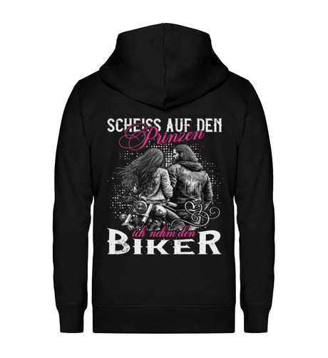 Eine Reißverschluss-Jacke für Motorradfahrerinnen von Wingbikers mit dem Aufdruck, Scheiß auf den Prinzen, ich nehm' den Biker, in schwarz.