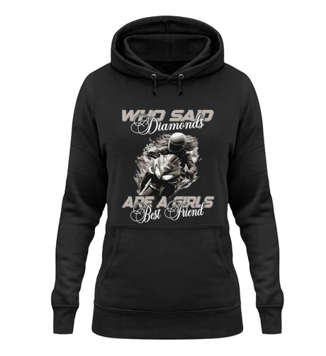 Ein Bikerin Hoodie für Motorradfahrerinnen von Wingbikers mit dem Aufdruck, Who Said Diamonds Are A Girls Best Friend, in schwarz.