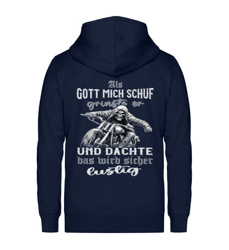 Eine Reißverschluss-Jacke für Motorradfahrer von Wingbikers mit dem Aufdruck, Als Gott mich schuf grinste er und dachte, das wird sicher lustig! - in navy blau. 