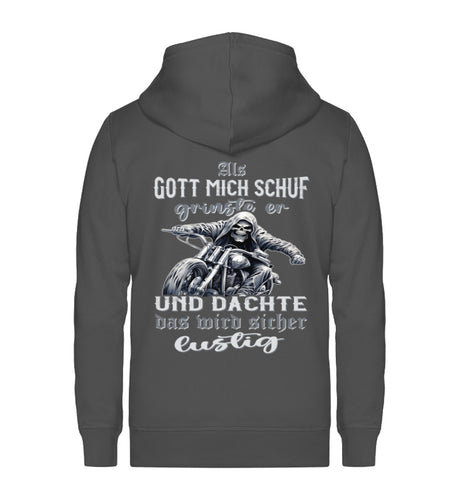 Eine Reißverschluss-Jacke für Motorradfahrer von Wingbikers mit dem Aufdruck, Als Gott mich schuf grinste er und dachte, das wird sicher lustig! - in dunkelgrau. 