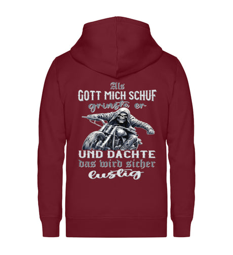 Eine Reißverschluss-Jacke für Motorradfahrer von Wingbikers mit dem Aufdruck, Als Gott mich schuf grinste er und dachte, das wird sicher lustig! - in burgunder weinrot. 