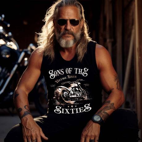 Ein Biker mit einem Tanktop für Motorradfahrer von Wingbikers mit dem Aufdruck, Sons of the Sixties - Vintage Biker, in schwarz.