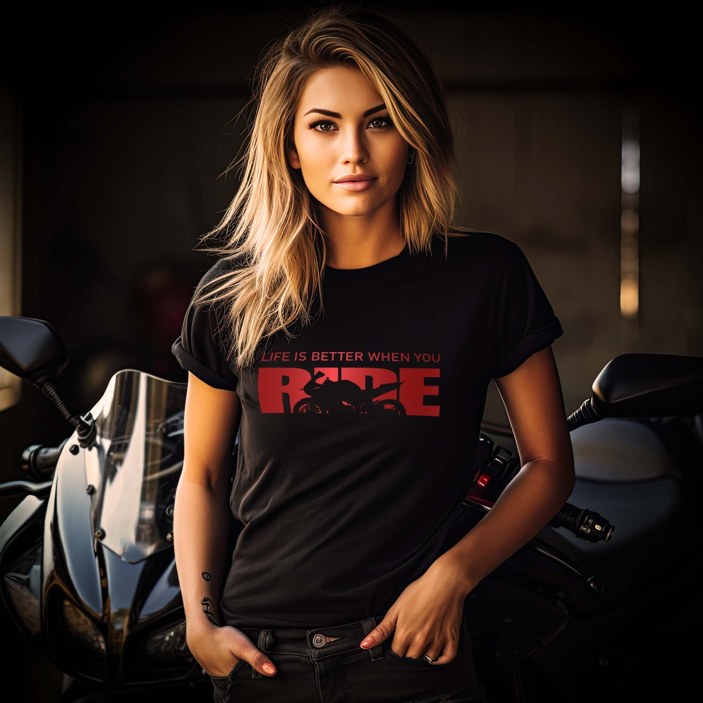 Eine Motorradfahrerin mit einem T-Shirt von Wingbikers mit dem roten Schriftzug, Life Is Better When You Ride - mit einem Motorrad, in schwarz.