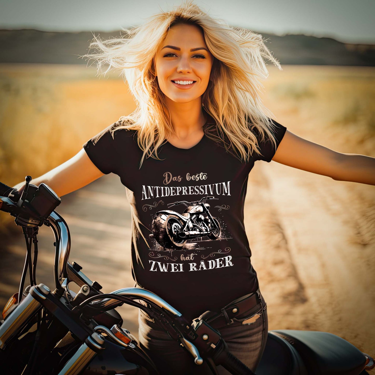 Eine Frau mit einem T-Shirt für Motorradfahrerinnen von Wingbikers mit dem Aufdruck, Das beste Antidepressivum hat zwei Räder, leger geschnitten, in schwarz.