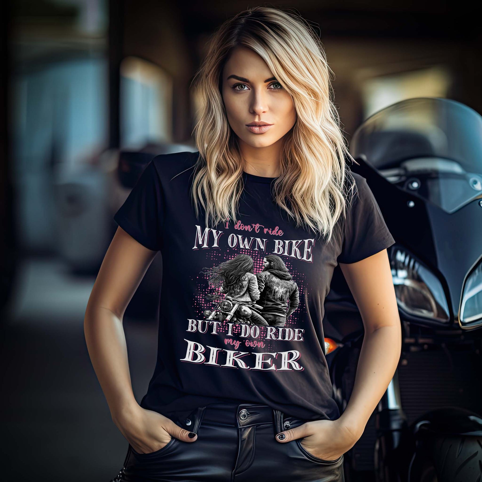 Eine Motorradfahrerin mit einem T-Shirt von Wingbikers mit dem Aufdruck, I Don't Ride My Own Bike, But I Do Ride My Own Biker, in schwarz.