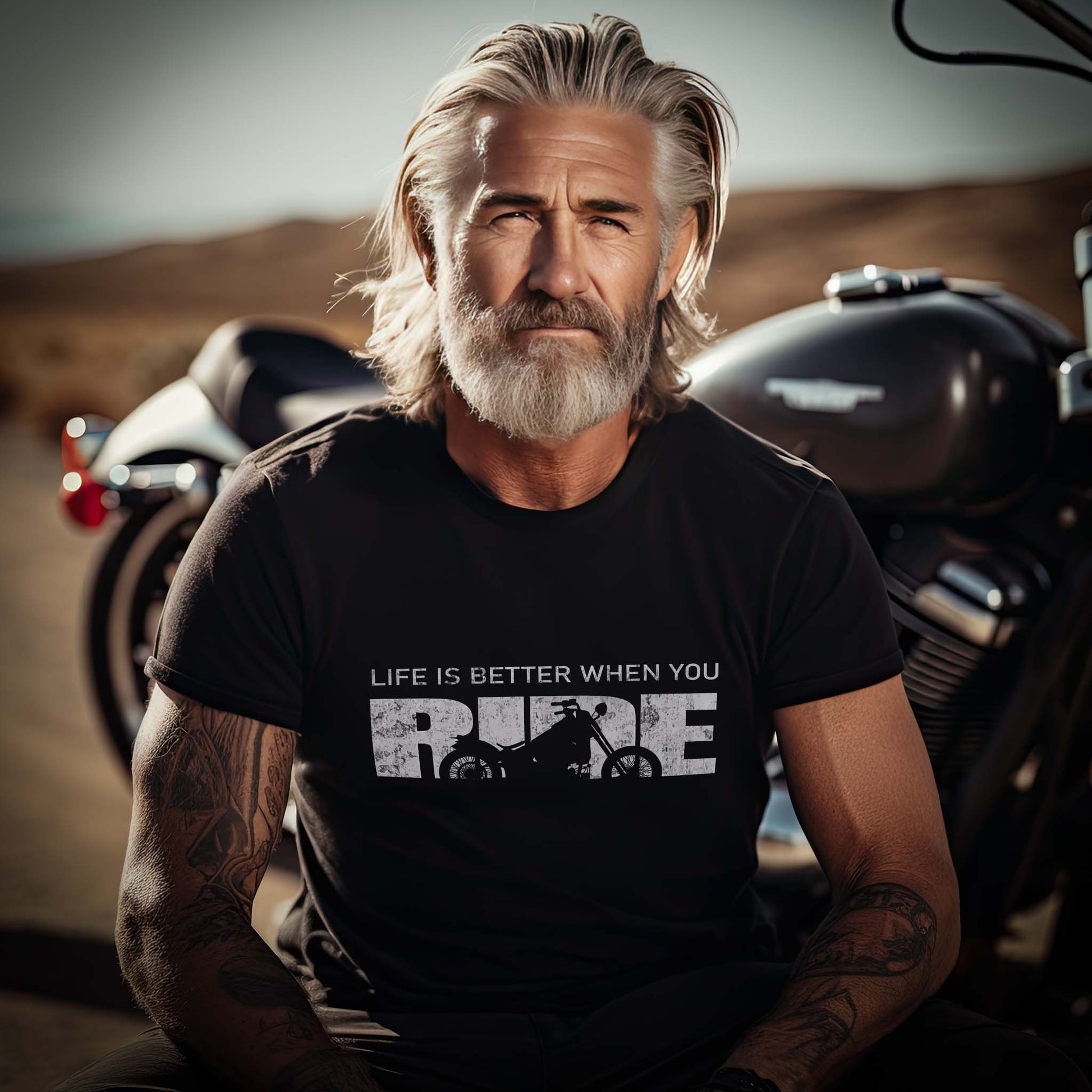 Ein Biker mit einem T-Shirt für Motorradfahrer von Wingbikers mit dem Aufdruck, Life Is Better When You Ride - mit einem Motorrad, in schwarz.