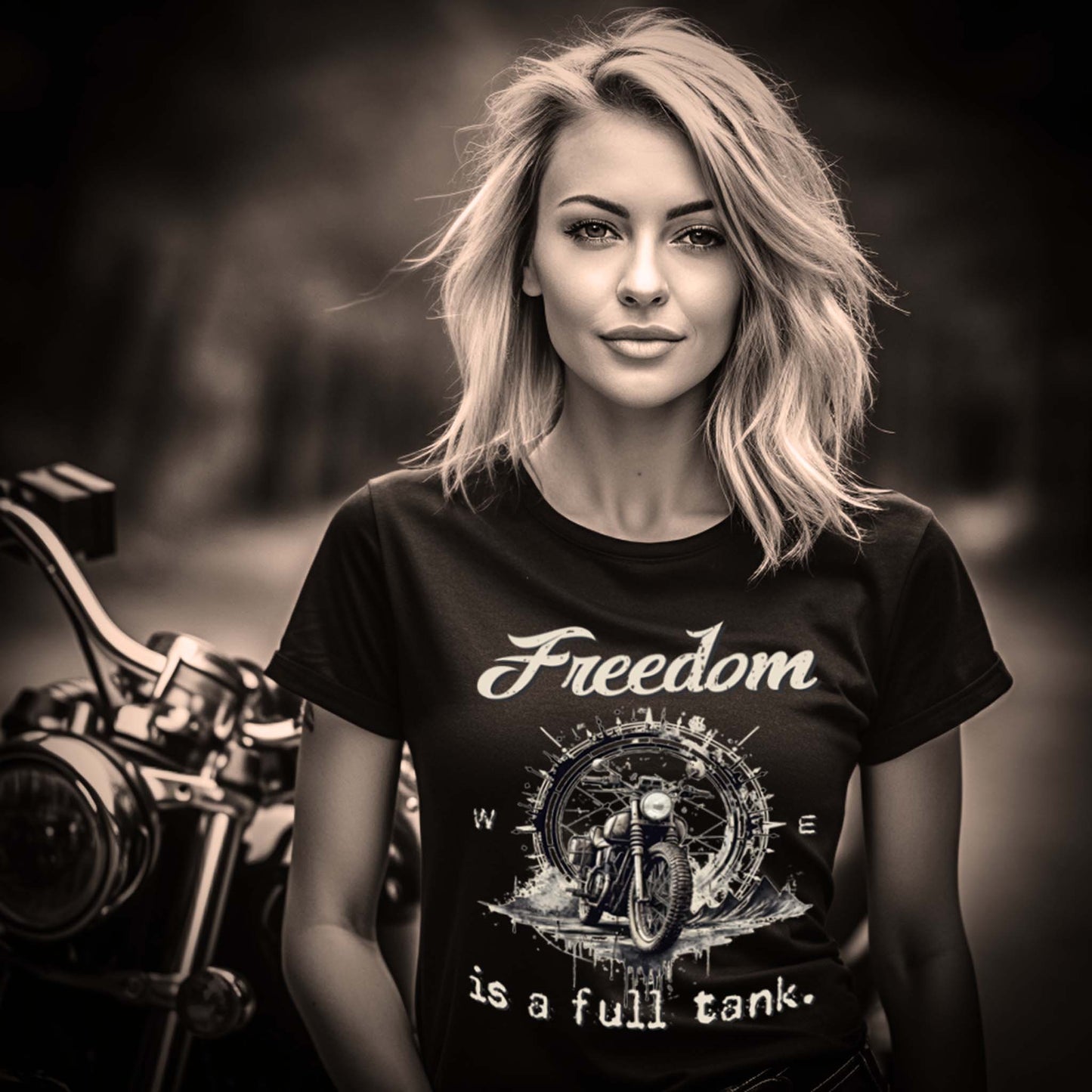 Eine Bikerin mit einem T-Shirt für Motorradfahrerinnen von Wingbikers mit dem Aufdruck, Freedom Is A Full Tank - Freiheit ist ein voller Tank - mit einem Retro Vintage klassischem Motorrad, in schwarz.