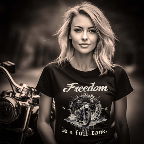 Eine Bikerin mit einem T-Shirt für Motorradfahrerinnen von Wingbikers mit dem Aufdruck, Freedom Is A Full Tank - Freiheit ist ein voller Tank - mit einem Retro Vintage klassischem Motorrad, in schwarz.