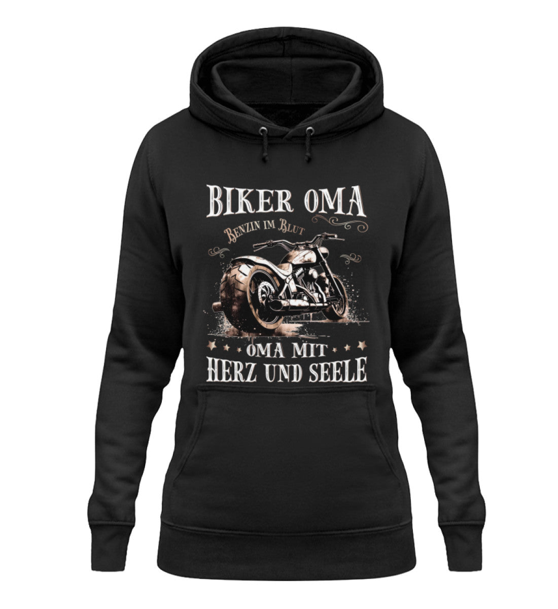 Ein Damen Hoodie für Motorradfahrerinnen von Wingbikers mit dem Aufdruck, Biker Oma - Benzin im Blut - Oma mit Herz und Seele, in schwarz.