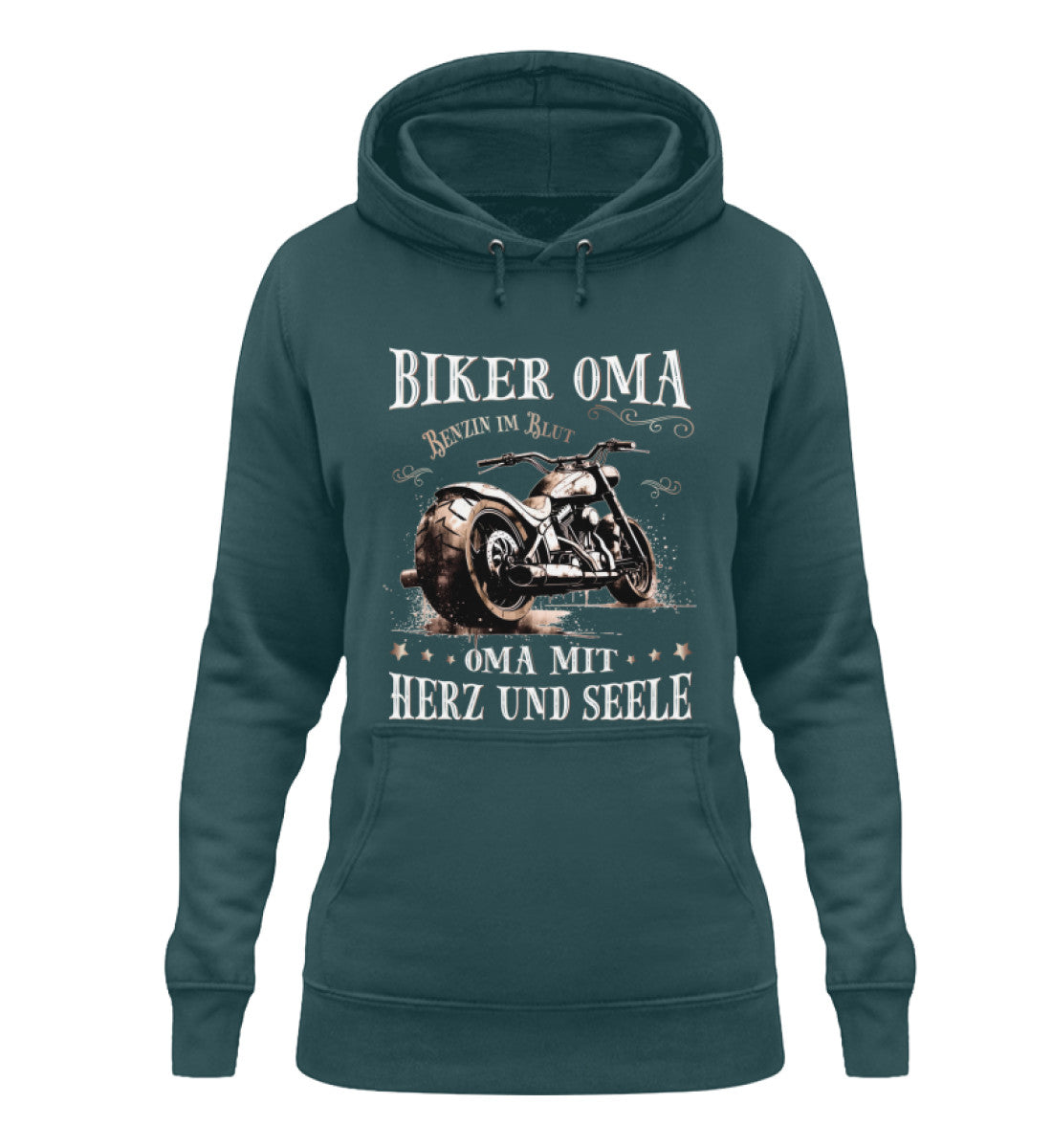 Ein Damen Hoodie für Motorradfahrerinnen von Wingbikers mit dem Aufdruck, Biker Oma - Benzin im Blut - Oma mit Herz und Seele, in petrol türkis. 