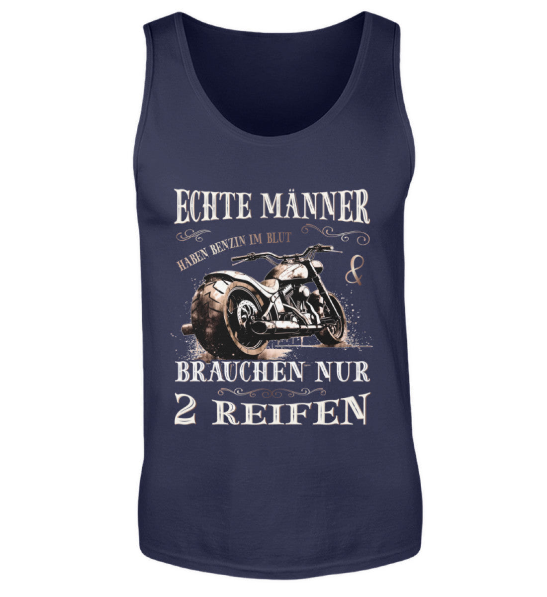 Ein Tanktop für Motorradfahrer von Wingbikers mit dem Aufdruck, Echte Männer brauchen nur 2 Reifen, in navy.