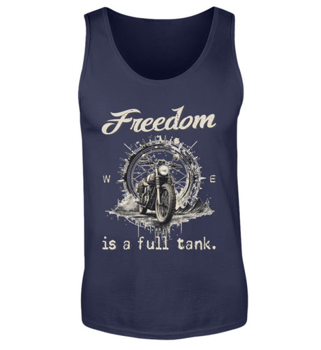 Ein Tanktop für Motorradfahrer von Wingbikers mit dem Aufdruck, Freedom Is A Full Tank - Freiheit ist ein voller Tank - mit einem Retro Vintage klassischem Motorrad, in navy blau.