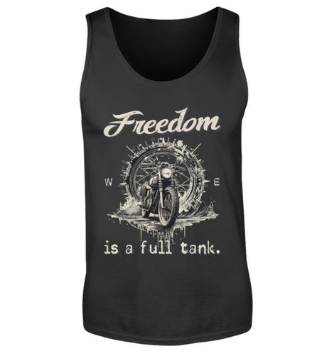 Ein Tanktop für Motorradfahrer von Wingbikers mit dem Aufdruck, Freedom Is A Full Tank - Freiheit ist ein voller Tank - mit einem Retro Vintage klassischem Motorrad, in schwarz.