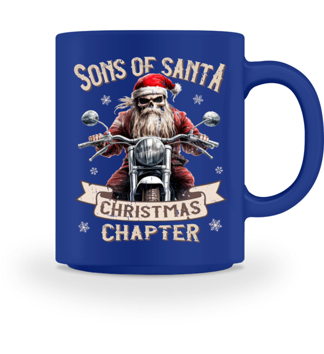 Eine weihnachtliche Tasse für Motorradfahrer von Wingbikers, mit dem beidseitigen Aufdruck, Sons of Santa - Christmas Chapter, in royal blau.