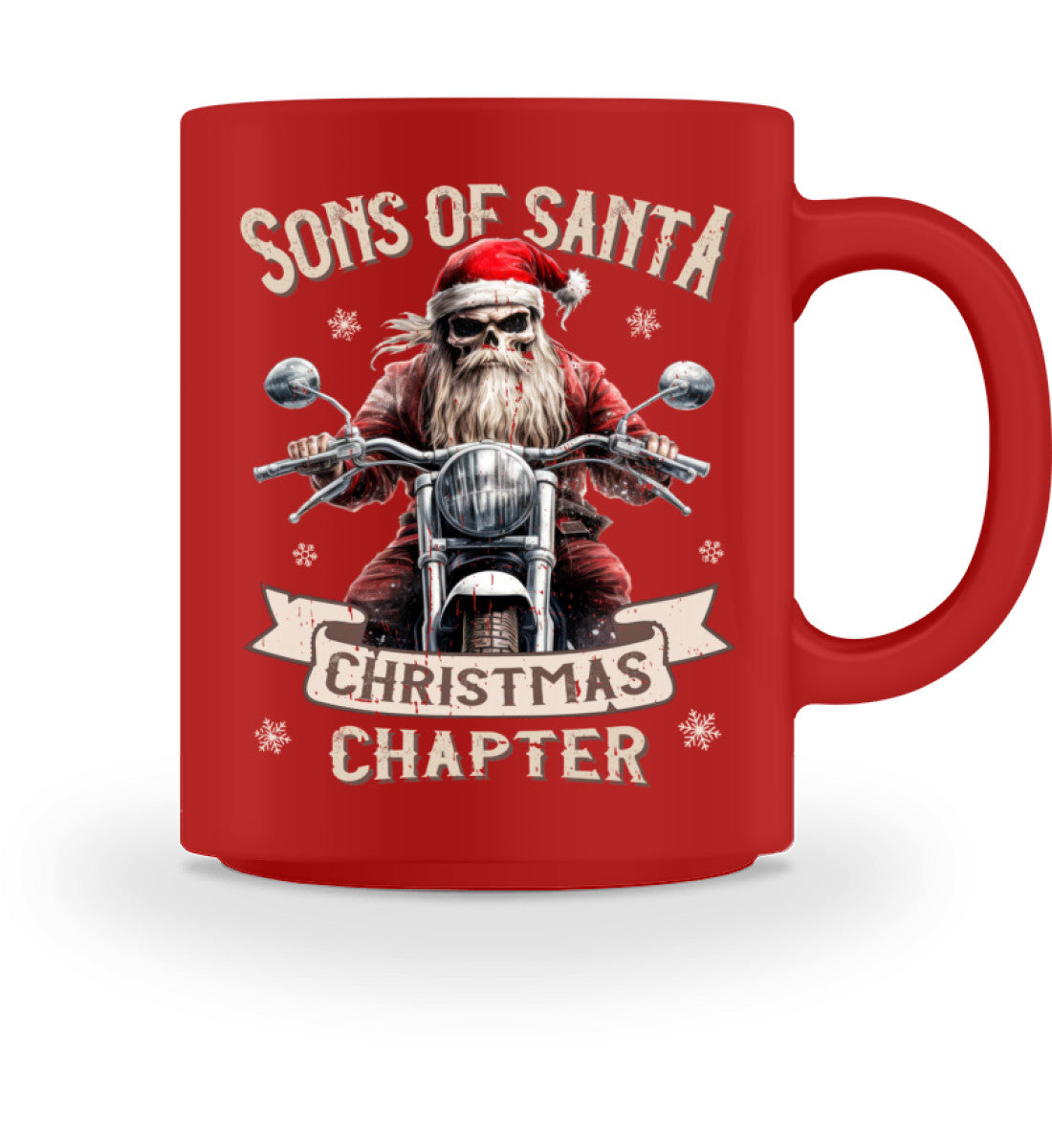 Eine weihnachtliche Tasse für Motorradfahrer von Wingbikers, mit dem beidseitigen Aufdruck, Sons of Santa - Christmas Chapter, in rot.