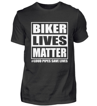 Ein Biker T-Shirt für Motorradfahrer von Wingbikers mit dem Aufdruck, Biker Lives Matter - # Loud Pipes Save Lives, in schwarz.