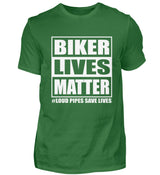 Ein Biker T-Shirt für Motorradfahrer von Wingbikers mit dem Aufdruck, Biker Lives Matter - # Loud Pipes Save Lives, in grün.