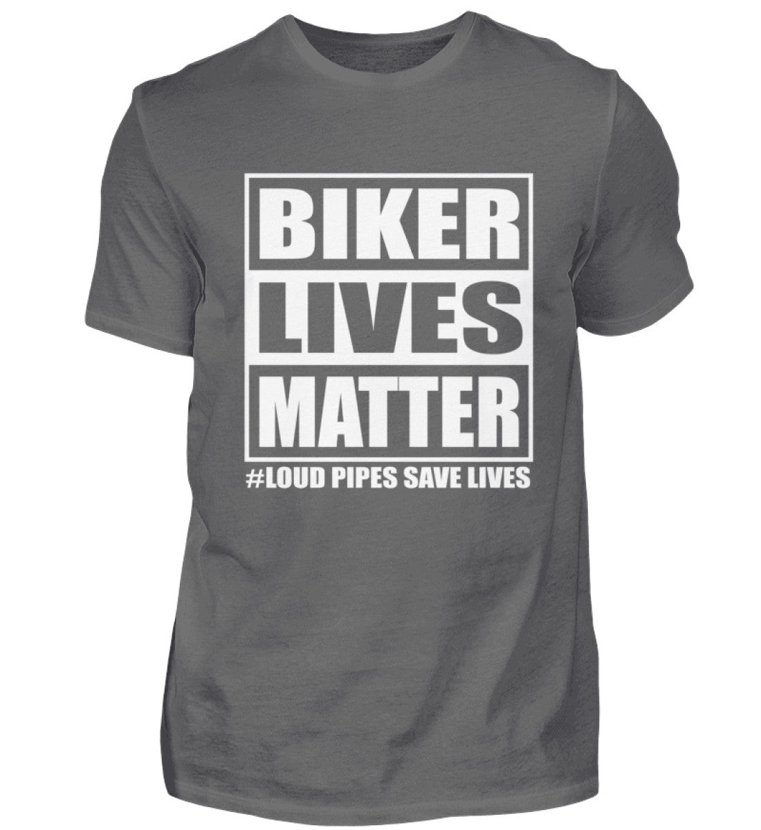 Ein Biker T-Shirt für Motorradfahrer von Wingbikers mit dem Aufdruck, Biker Lives Matter - # Loud Pipes Save Lives, in dunkelgrau.